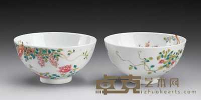 清道光 粉彩花卉过墙枝碗(二件) 11cm